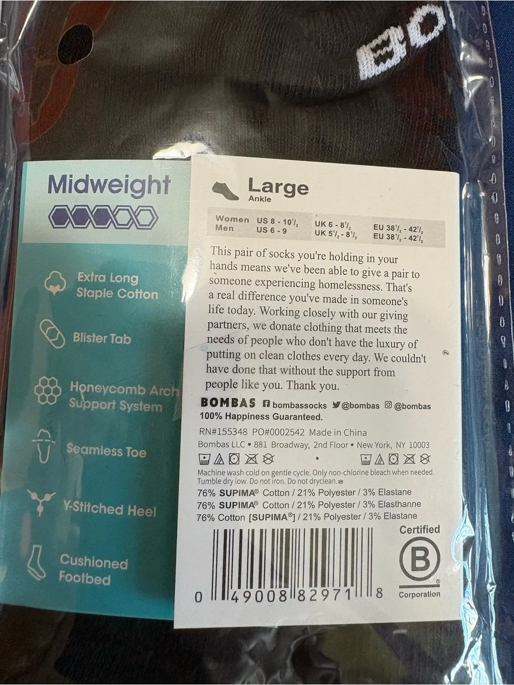 3 pairs of Bombas Men's Midweight Ankle Socks Grey Heather Black Large NWT